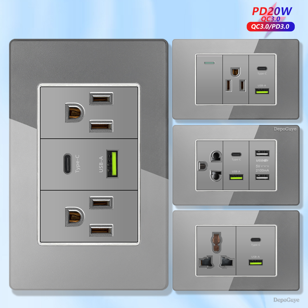 Grey Tempered Glass American U - Smart Wall Socket ulasan dan harga