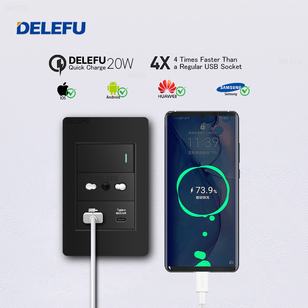 DELEFU Black Retardant PC Ital - Smart Wall Socket ulasan dan harga